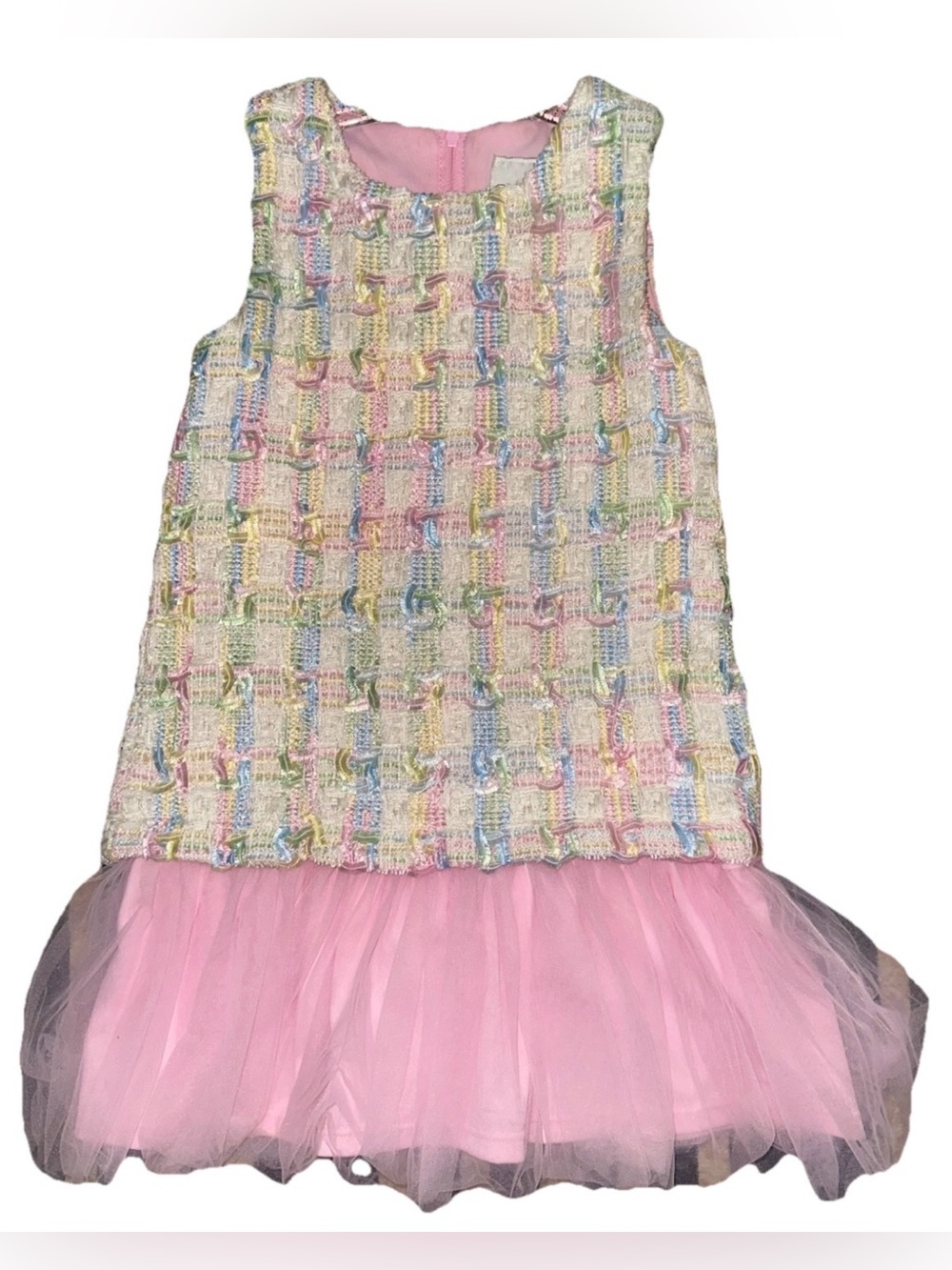 Rare Editions Little Girls Multi Color Pastel Tweed & Pink Tulle Girls Dress 5